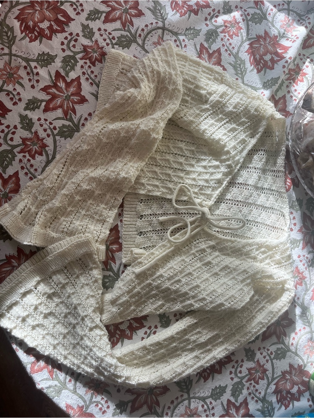 Open-Knit Cream Tie-Front Cardigan Sweater